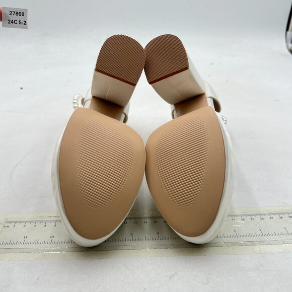 White Women's Pearls Ankle Strap Block Heels Platform Closed Toe Evening Shoes - Picture 6 of 7